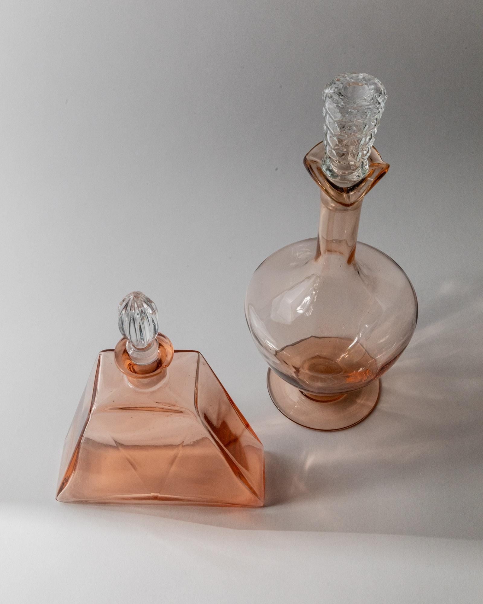 Vintage 1940s Murano Glass Decanter Set of 2, Rosalin Glass with Stoppers, Different Sculptural Shapes, Elegant Italian Decor, Gift Idea_Bottega Jacobs