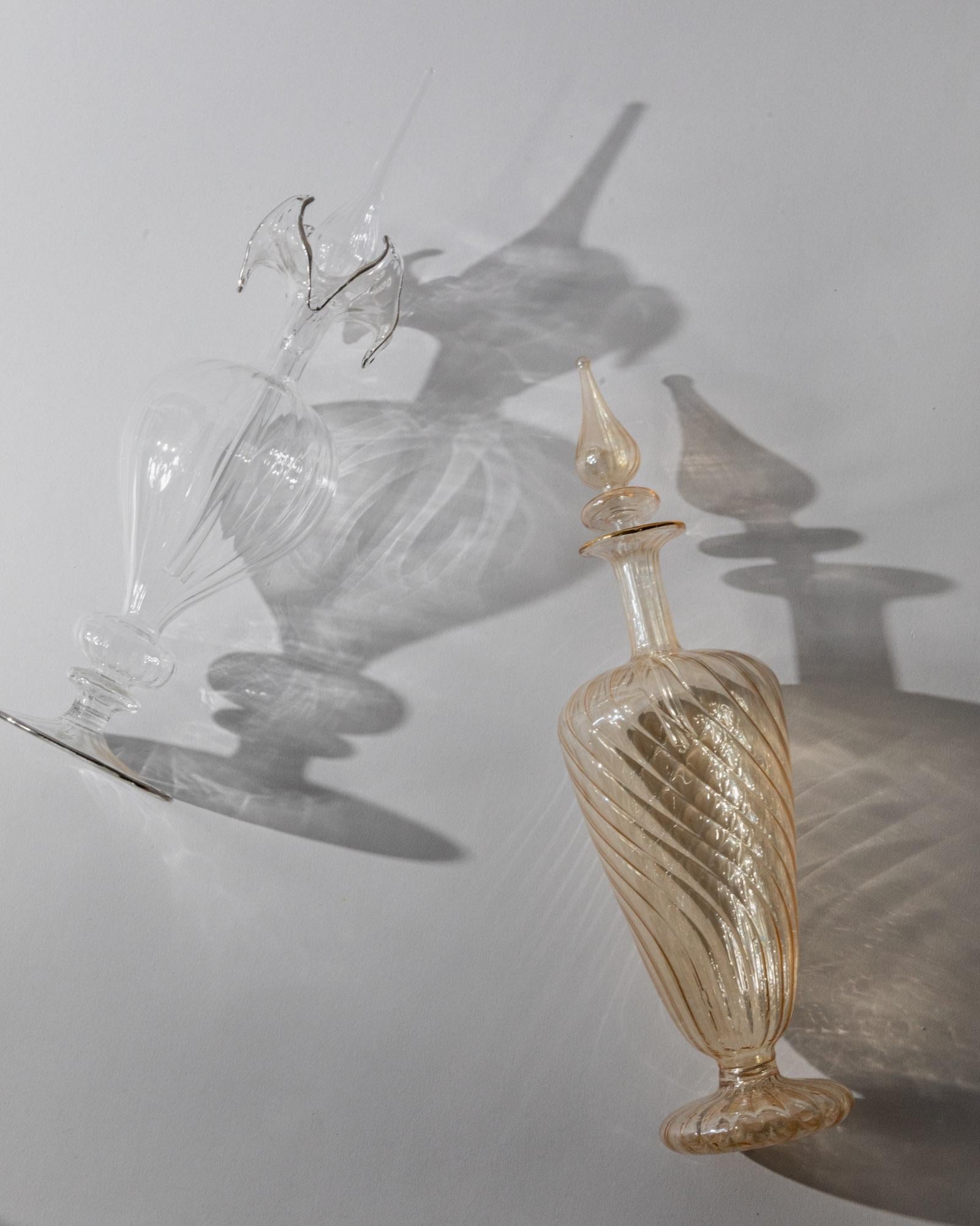 Vintage 1940s Murano Glass Perfume Bottles Set of 2, Hand Blown Orange and Clear Glass with Stoppers, Curved Sculptural Shapes, Gift Idea_Bottega Jacobs