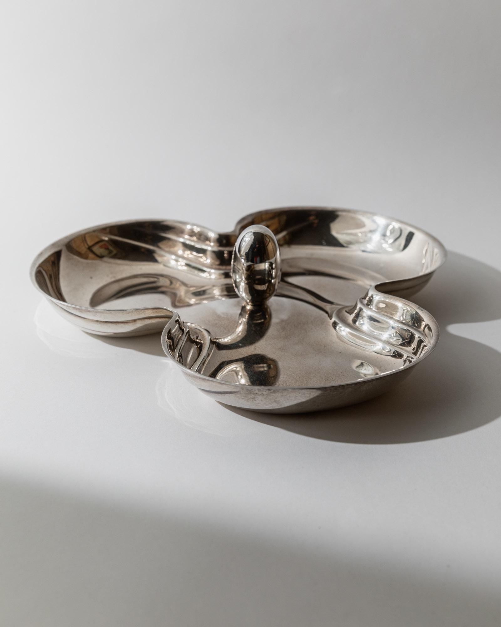 Vintage 1940s Silver Plated Centerpiece Bowl, Organic Form with Three Side Bowls and Egg Shaped Handle, Table Decor, Timeless Gift Idea_Bottega Jacobs