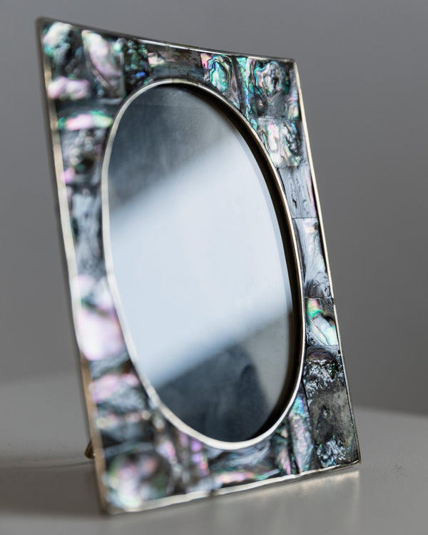 Vintage 1950s Alpaca Silver Picture Frame, Mother of Pearl Details with Oval Photo Opening, Elegant Table Accent, Timeless Gift Idea_Bottega Jacobs