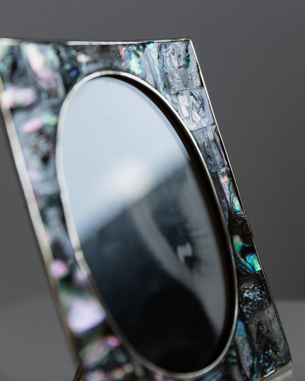 Vintage 1950s Alpaca Silver Picture Frame, Mother of Pearl Details with Oval Photo Opening, Elegant Table Accent, Timeless Gift Idea_Bottega Jacobs