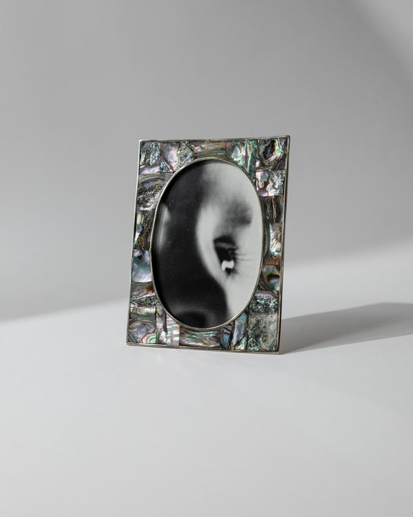 Vintage 1950s Alpaca Silver Picture Frame, Mother of Pearl Details with Oval Photo Opening, Elegant Table Accent, Timeless Gift Idea_Bottega Jacobs