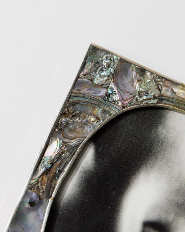 Vintage 1950s Alpaca Silver Picture Frame, Mother of Pearl Details with Oval Photo Opening, Elegant Table Accent, Timeless Gift Idea_Bottega Jacobs