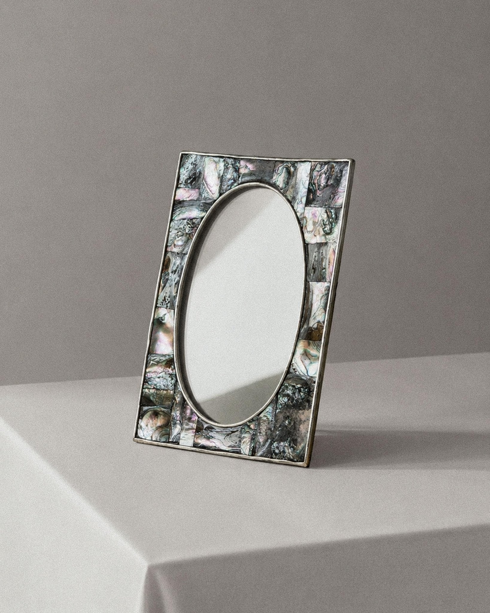 Vintage 1950s Alpaca Silver Picture Frame, Mother of Pearl Details with Oval Photo Opening, Elegant Table Accent, Timeless Gift Idea_Bottega Jacobs