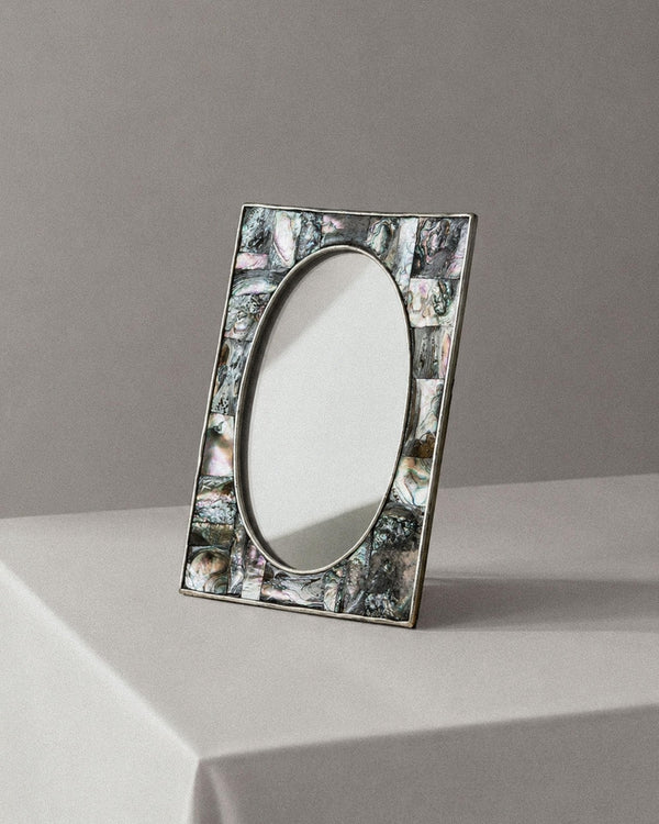 Vintage 1950s Alpaca Silver Picture Frame, Mother of Pearl Details with Oval Photo Opening, Elegant Table Accent, Timeless Gift Idea_Bottega Jacobs