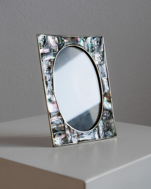 Vintage 1950s Alpaca Silver Picture Frame, Mother of Pearl Details with Oval Photo Opening, Elegant Table Accent, Timeless Gift Idea_Bottega Jacobs