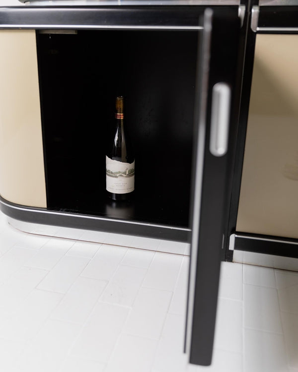 Vintage 1950s Art Deco Bar Cabinet, Lacquered Wood, Green Marble, Aluminium, Curved Smoked Glass, Large Statement Vitrine, Luxury Interior_Bottega Jacobs