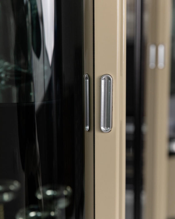 Vintage 1950s Art Deco Bar Cabinet, Lacquered Wood, Green Marble, Aluminium, Curved Smoked Glass, Large Statement Vitrine, Luxury Interior_Bottega Jacobs