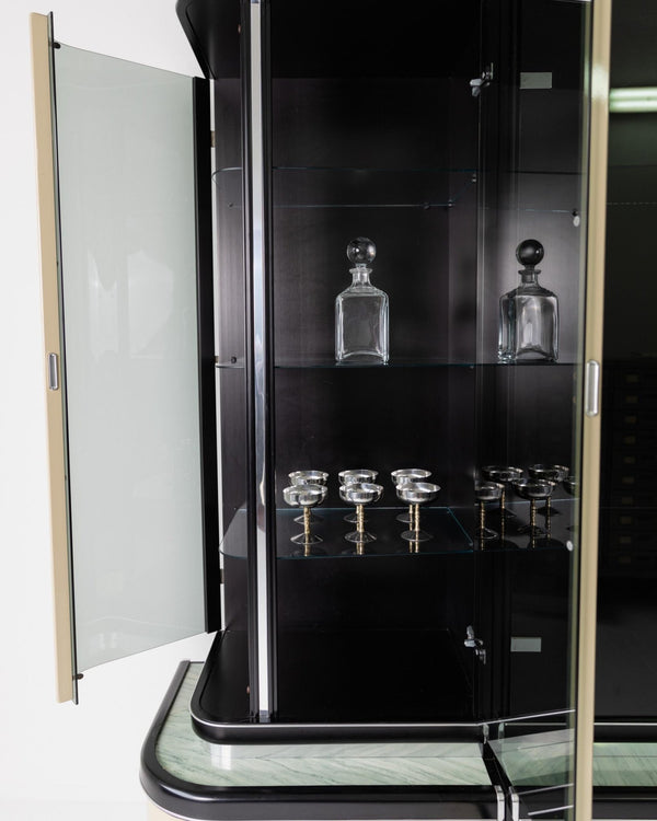 Vintage 1950s Art Deco Bar Cabinet, Lacquered Wood, Green Marble, Aluminium, Curved Smoked Glass, Large Statement Vitrine, Luxury Interior_Bottega Jacobs