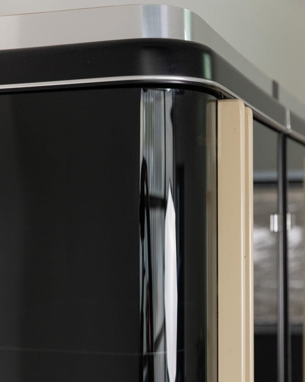 Vintage 1950s Art Deco Bar Cabinet, Lacquered Wood, Green Marble, Aluminium, Curved Smoked Glass, Large Statement Vitrine, Luxury Interior_Bottega Jacobs