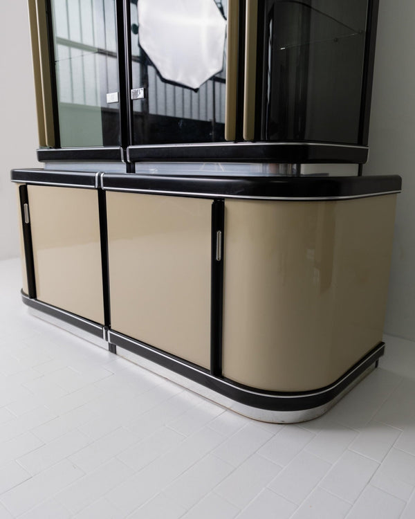 Vintage 1950s Art Deco Bar Cabinet, Lacquered Wood, Green Marble, Aluminium, Curved Smoked Glass, Large Statement Vitrine, Luxury Interior_Bottega Jacobs