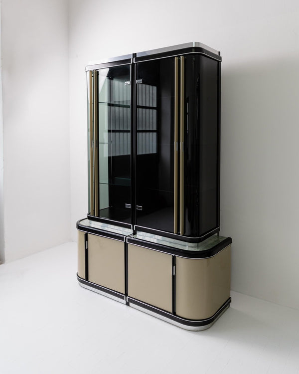 Vintage 1950s Art Deco Bar Cabinet, Lacquered Wood, Green Marble, Aluminium, Curved Smoked Glass, Large Statement Vitrine, Luxury Interior_Bottega Jacobs