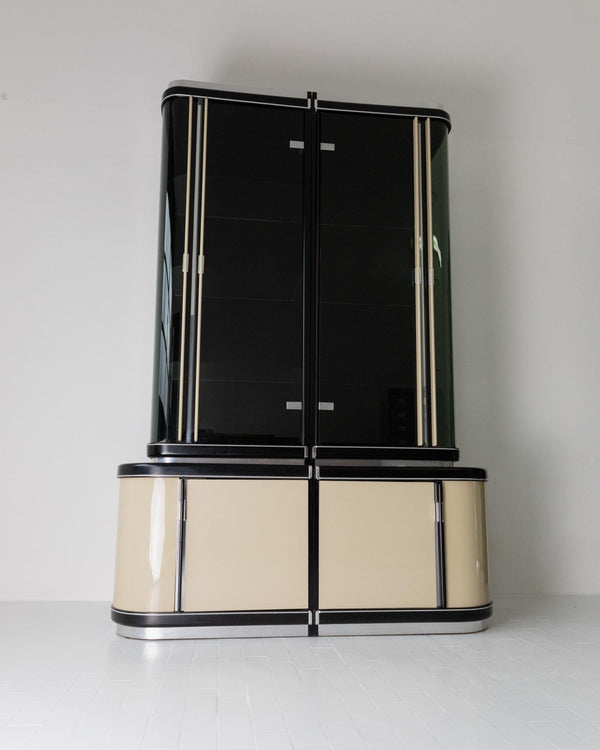 Vintage 1950s Art Deco Bar Cabinet, Lacquered Wood, Green Marble, Aluminium, Curved Smoked Glass, Large Statement Vitrine, Luxury Interior_Bottega Jacobs