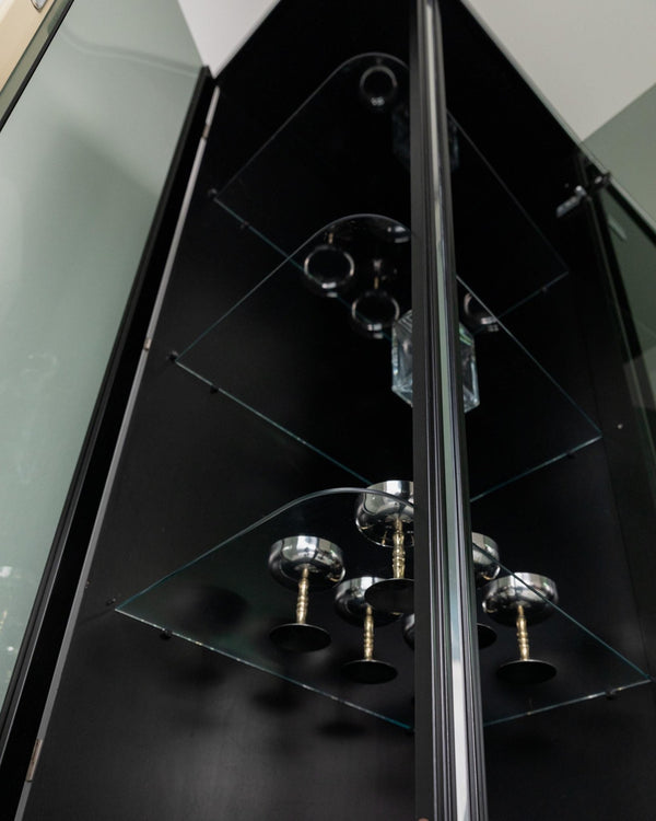 Vintage 1950s Art Deco Bar Cabinet, Lacquered Wood, Green Marble, Aluminium, Curved Smoked Glass, Large Statement Vitrine, Luxury Interior_Bottega Jacobs