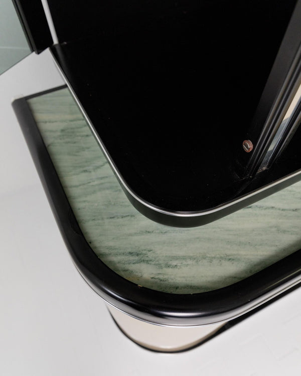 Vintage 1950s Art Deco Bar Cabinet, Lacquered Wood, Green Marble, Aluminium, Curved Smoked Glass, Large Statement Vitrine, Luxury Interior_Bottega Jacobs