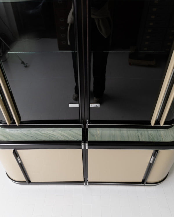 Vintage 1950s Art Deco Bar Cabinet, Lacquered Wood, Green Marble, Aluminium, Curved Smoked Glass, Large Statement Vitrine, Luxury Interior_Bottega Jacobs