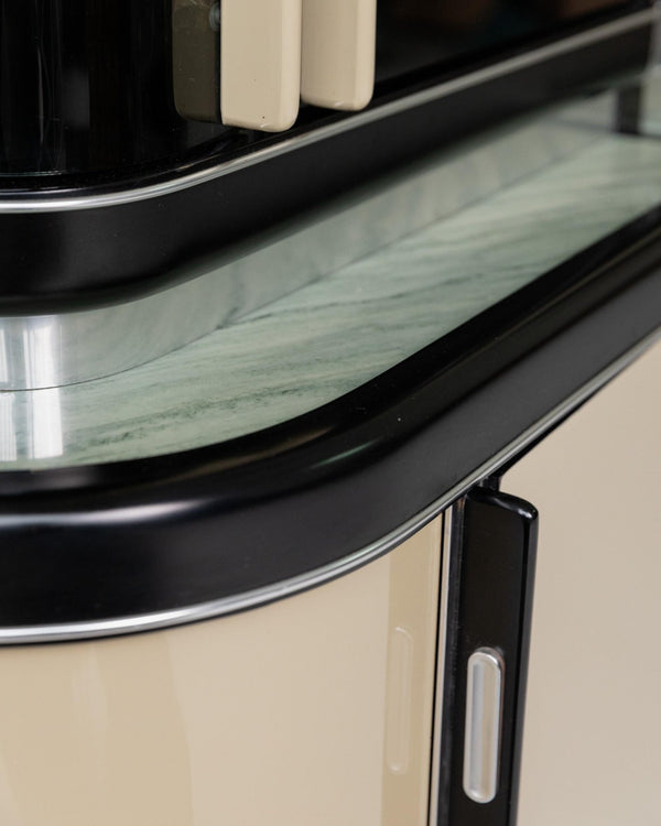 Vintage 1950s Art Deco Bar Cabinet, Lacquered Wood, Green Marble, Aluminium, Curved Smoked Glass, Large Statement Vitrine, Luxury Interior_Bottega Jacobs