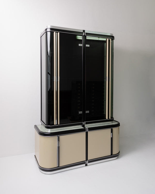 Vintage 1950s Art Deco Bar Cabinet, Lacquered Wood, Green Marble, Aluminium, Curved Smoked Glass, Large Statement Vitrine, Luxury Interior_Bottega Jacobs
