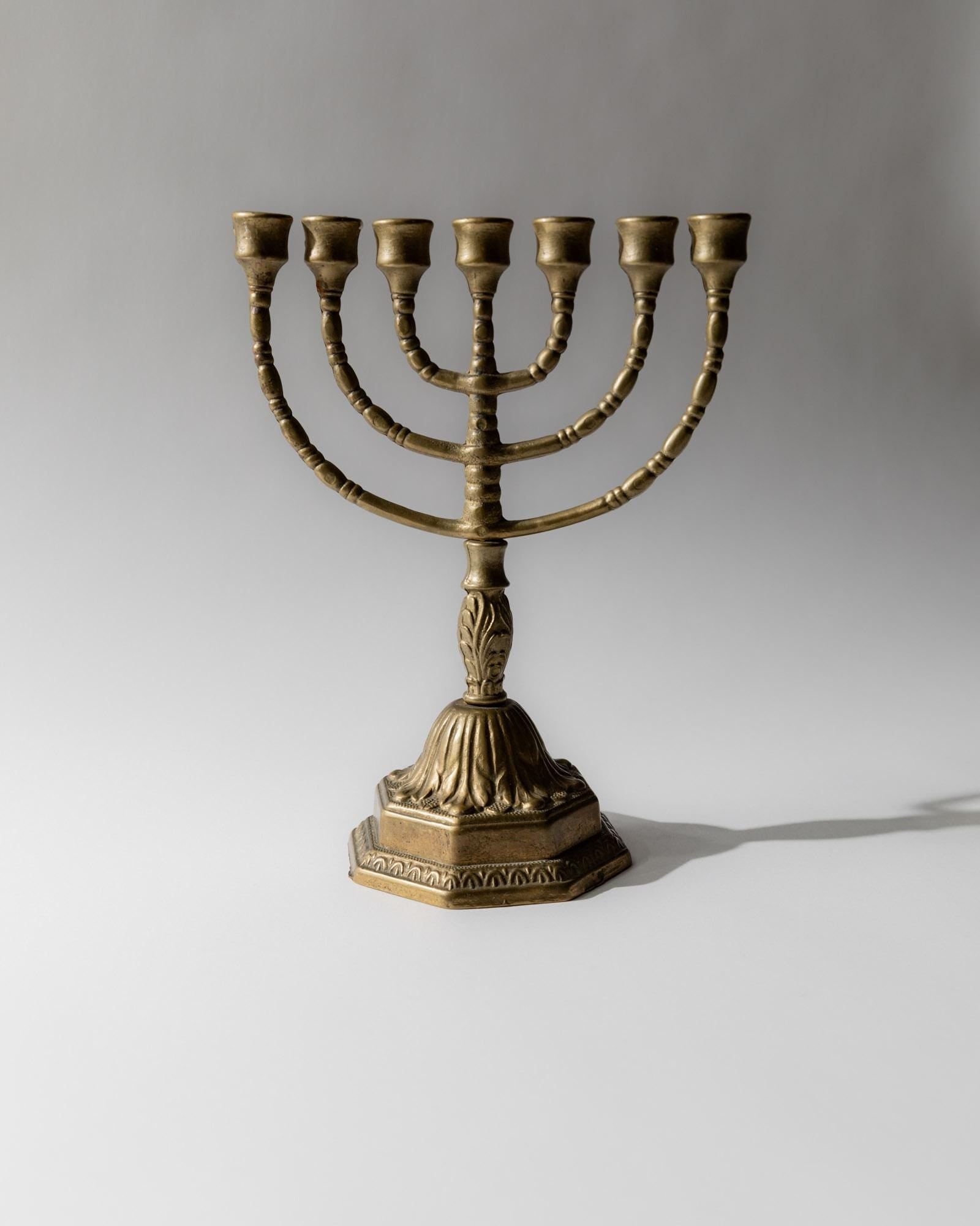 Vintage 1950s Brass Candleholder, Seven Arm Menorah with Ornamental Design, Religious Table Decor, Timeless Judaica, Elegant Gift Idea_Bottega Jacobs