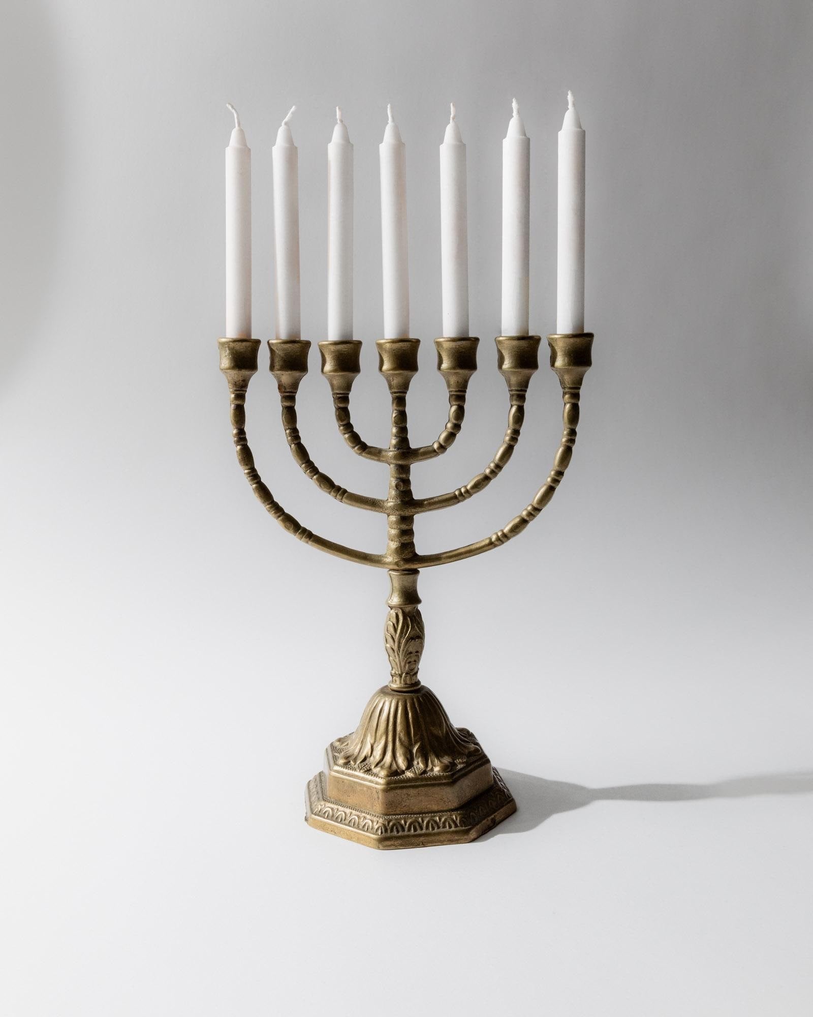 Vintage 1950s Brass Candleholder, Seven Arm Menorah with Ornamental Design, Religious Table Decor, Timeless Judaica, Elegant Gift Idea_Bottega Jacobs