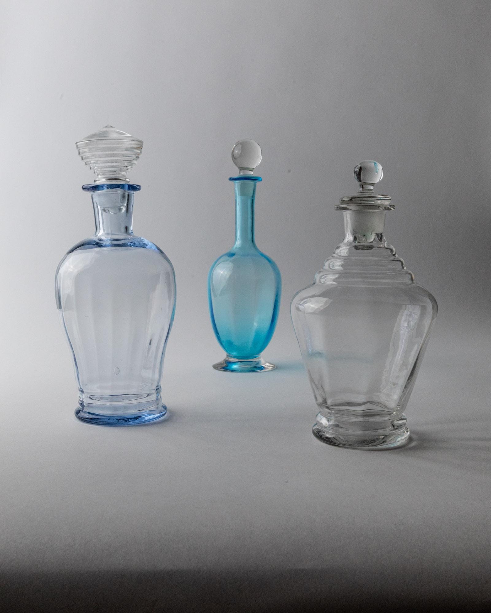 Vintage 1950s Murano Glass Decanter Set of 3, Blue and Clear Art Glass with Stoppers, Different Sculptural Shapes, Italian Decor, Gift Idea_Bottega Jacobs