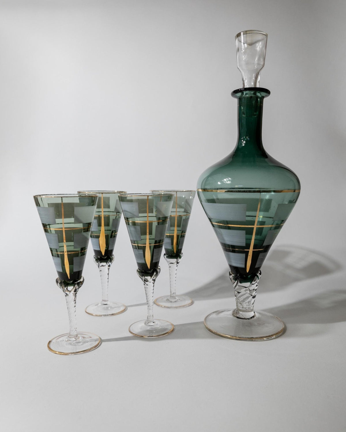 Vintage 1950s Murano Glass Liqueur Set, blue Decanter and 4 Glasses with Hand Painted Gold Details, Elegant Italian Barware, Gift Idea_Bottega Jacobs