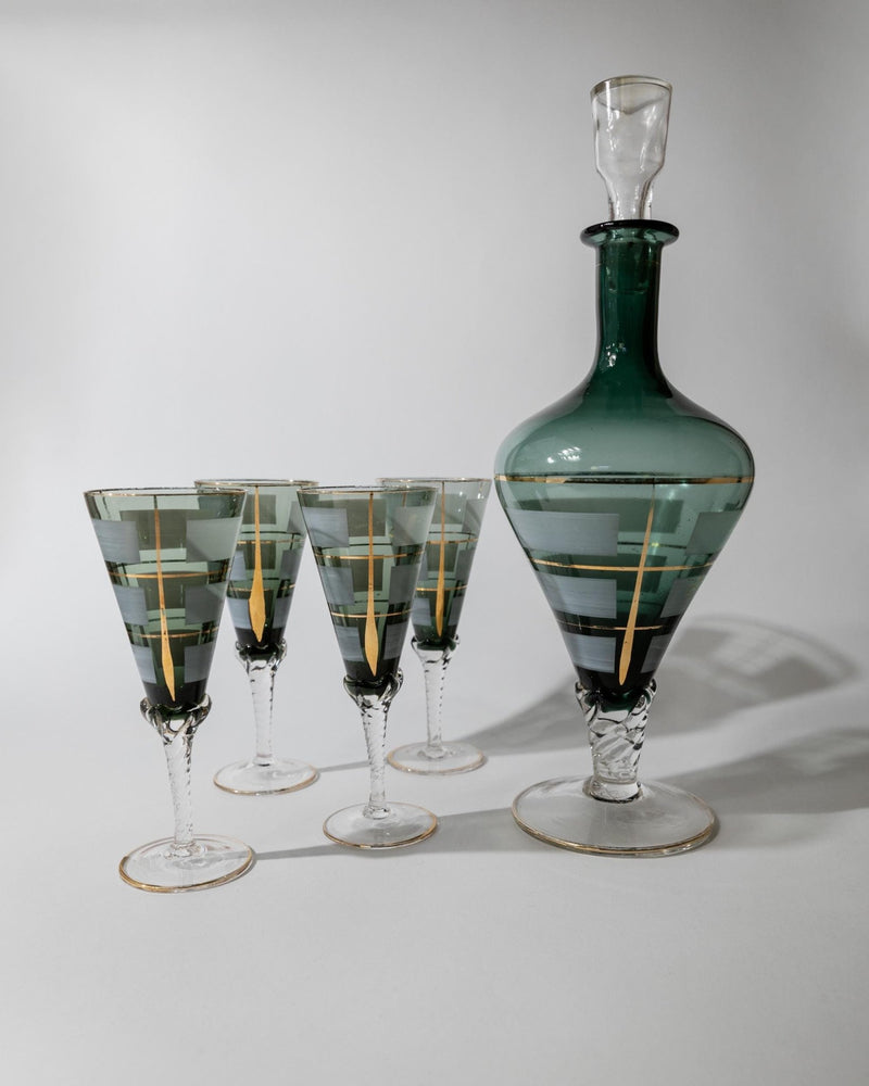 Vintage 1950s Murano Glass Liqueur Set, blue Decanter and 4 Glasses with Hand Painted Gold Details, Elegant Italian Barware, Gift Idea