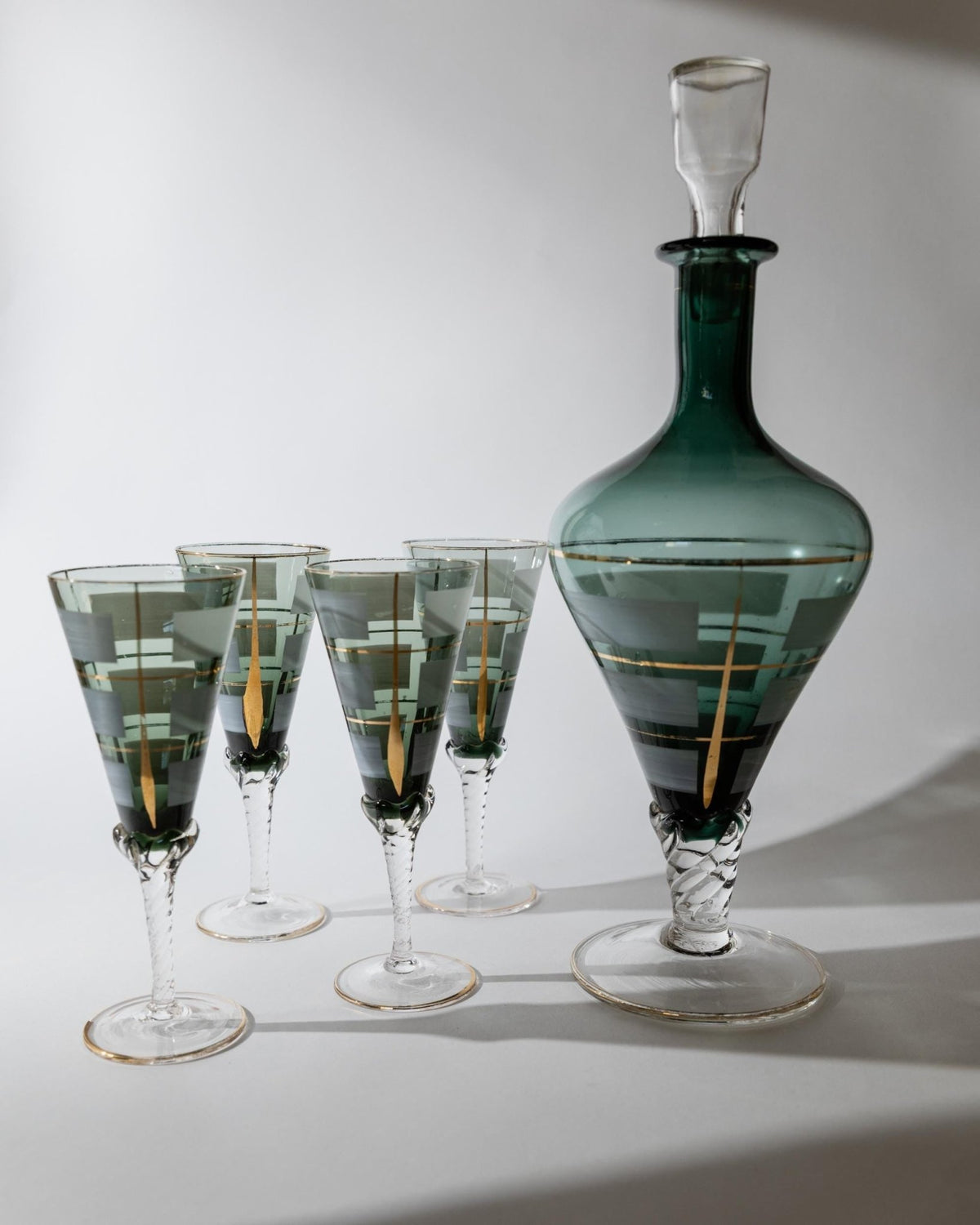 Vintage 1950s Murano Glass Liqueur Set, blue Decanter and 4 Glasses with Hand Painted Gold Details, Elegant Italian Barware, Gift Idea_Bottega Jacobs