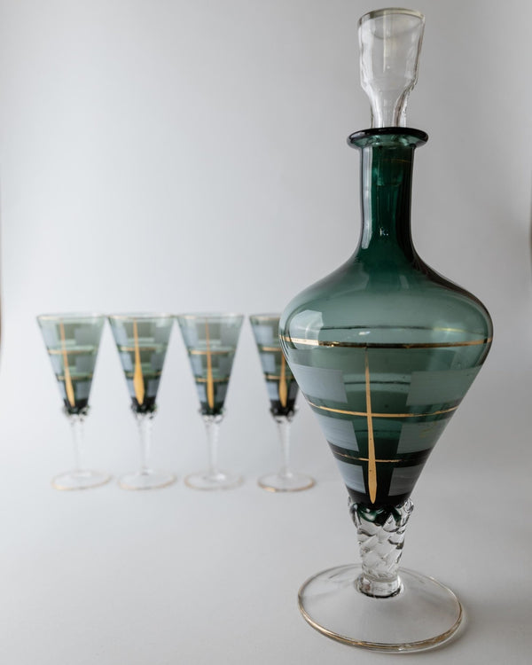 Vintage 1950s Murano Glass Liqueur Set, blue Decanter and 4 Glasses with Hand Painted Gold Details, Elegant Italian Barware, Gift Idea_Bottega Jacobs