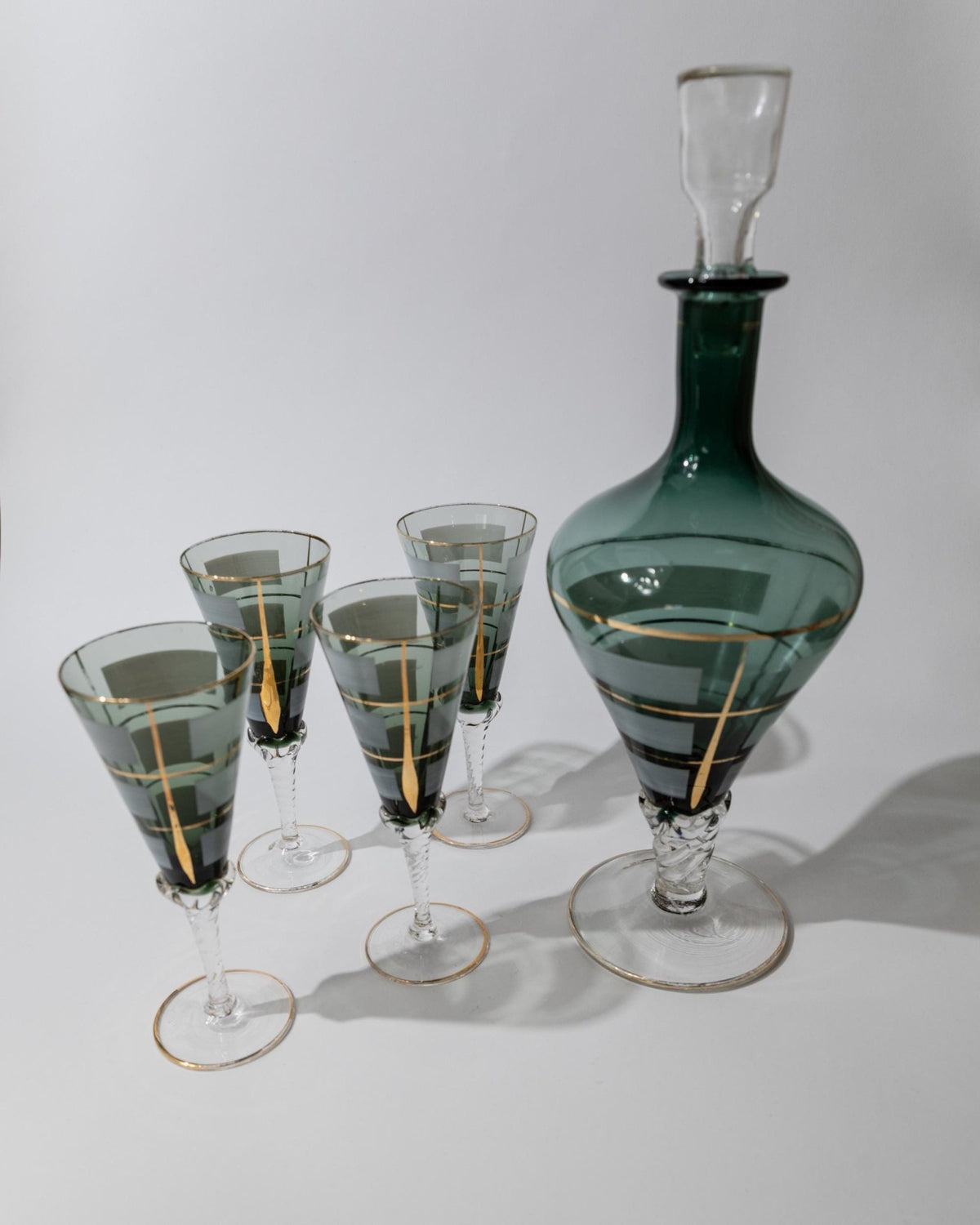 Vintage 1950s Murano Glass Liqueur Set, blue Decanter and 4 Glasses with Hand Painted Gold Details, Elegant Italian Barware, Gift Idea_Bottega Jacobs