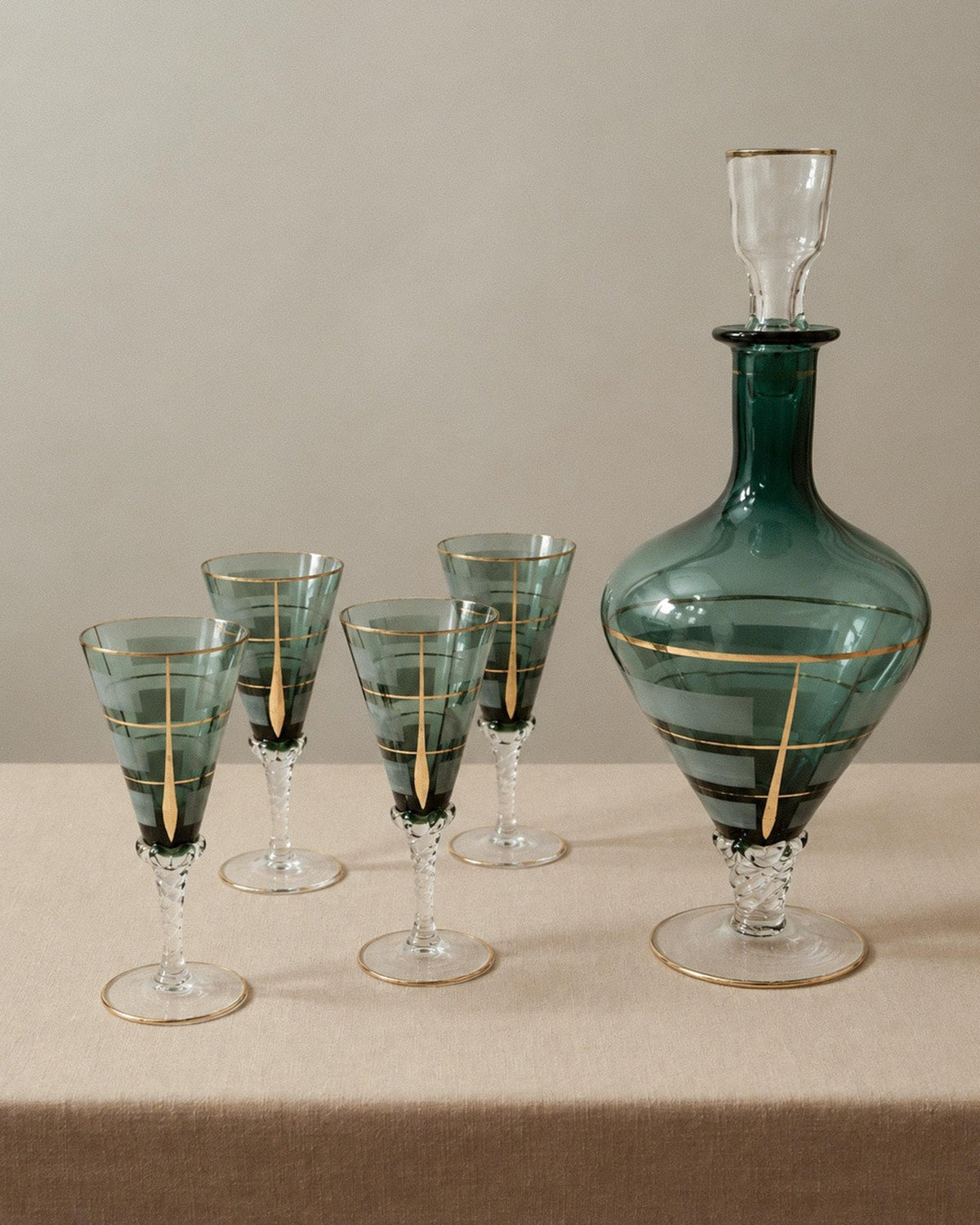 Vintage 1950s Murano Glass Liqueur Set, blue Decanter and 4 Glasses with Hand Painted Gold Details, Elegant Italian Barware, Gift Idea_Bottega Jacobs