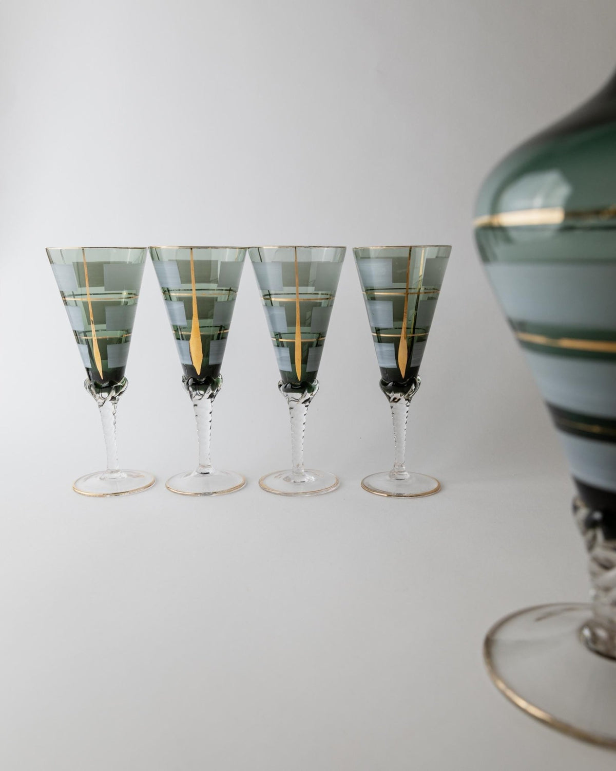 Vintage 1950s Murano Glass Liqueur Set, blue Decanter and 4 Glasses with Hand Painted Gold Details, Elegant Italian Barware, Gift Idea_Bottega Jacobs