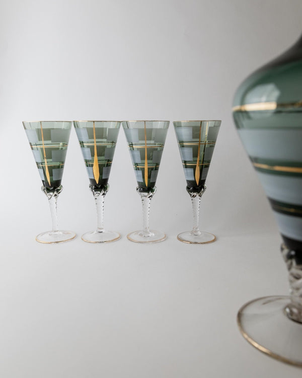 Vintage 1950s Murano Glass Liqueur Set, blue Decanter and 4 Glasses with Hand Painted Gold Details, Elegant Italian Barware, Gift Idea_Bottega Jacobs