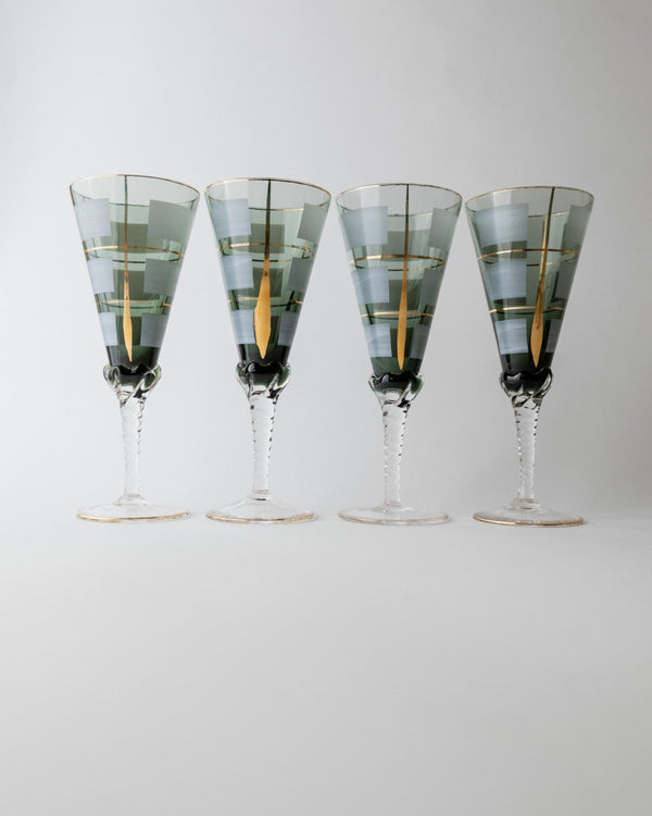 Vintage 1950s Murano Glass Liqueur Set, blue Decanter and 4 Glasses with Hand Painted Gold Details, Elegant Italian Barware, Gift Idea_Bottega Jacobs