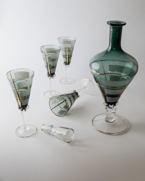 Vintage 1950s Murano Glass Liqueur Set, blue Decanter and 4 Glasses with Hand Painted Gold Details, Elegant Italian Barware, Gift Idea_Bottega Jacobs
