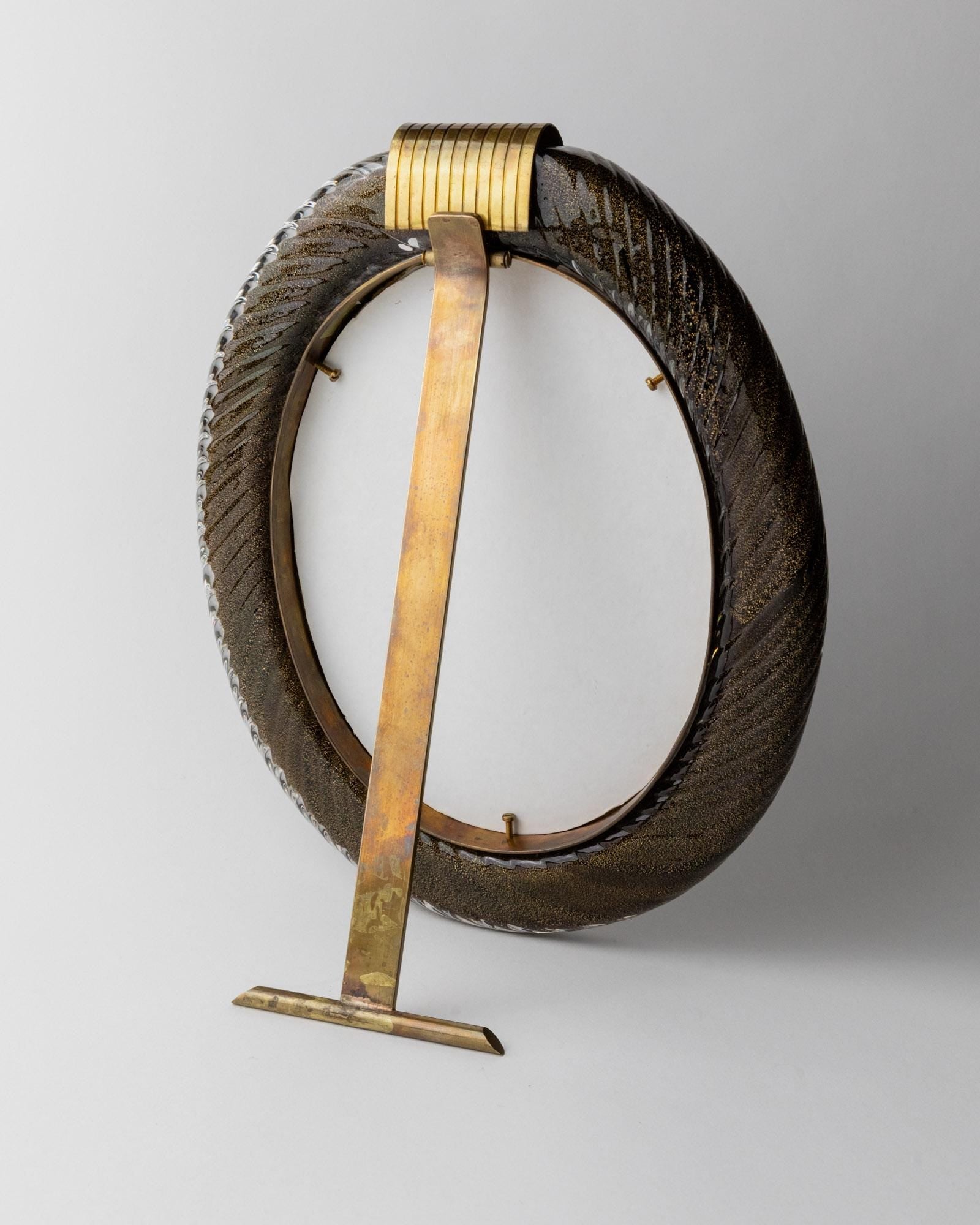 Vintage 1950s Murano Glass Picture Frame, Oval Hand Blown Curved Glass by Barovier & Toso golden Sparkles, Brass Details , Elegant Gift Idea_Bottega Jacobs