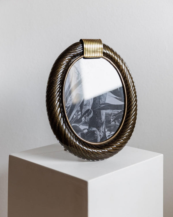 Vintage 1950s Murano Glass Picture Frame, Oval Hand Blown Curved Glass by Barovier & Toso golden Sparkles, Brass Details , Elegant Gift Idea_Bottega Jacobs