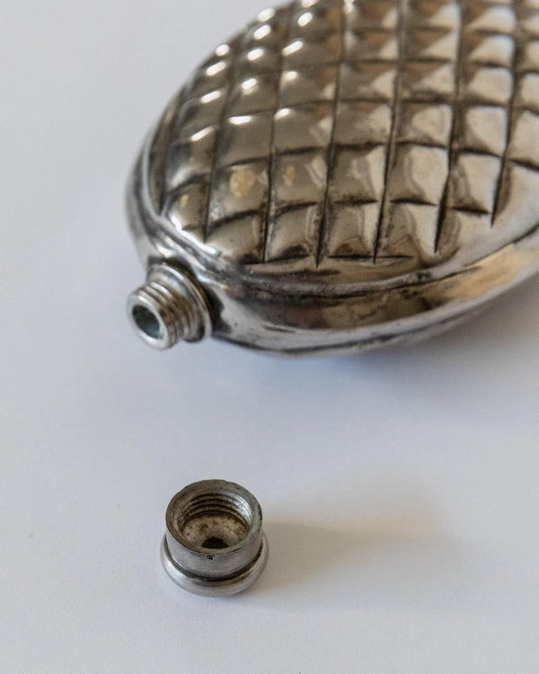 Vintage 1950s Silver Plated Flask, Pinecone Shape Metal Design, Unique Bar Accessory for Men, Retro Style Collectible, Elegant Gift Idea_Bottega Jacobs