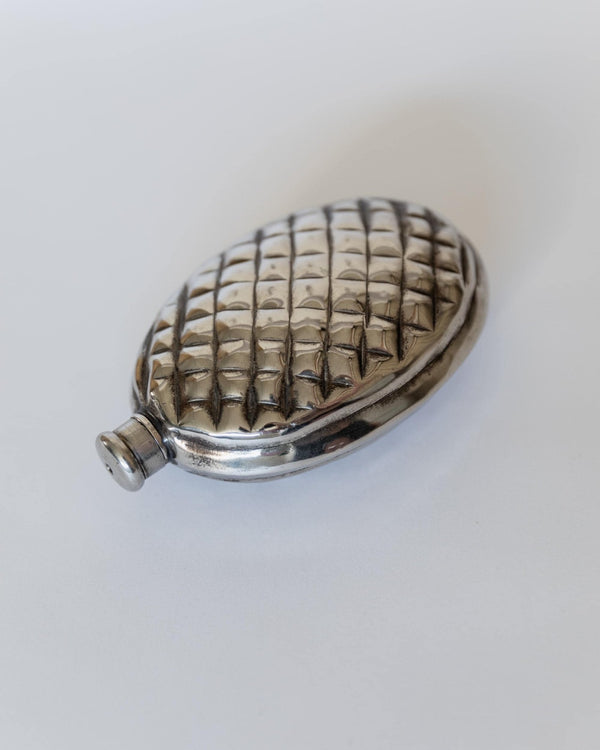 Vintage 1950s Silver Plated Flask, Pinecone Shape Metal Design, Unique Bar Accessory for Men, Retro Style Collectible, Elegant Gift Idea_Bottega Jacobs