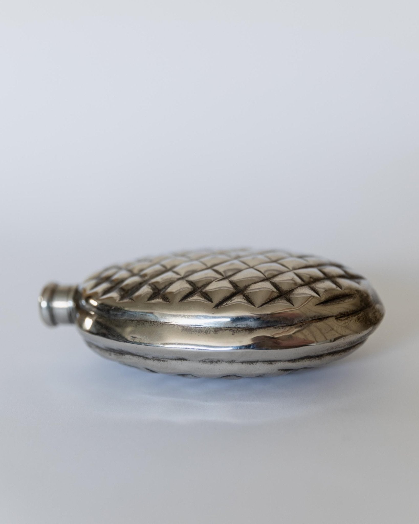 Vintage 1950s Silver Plated Flask, Pinecone Shape Metal Design, Unique Bar Accessory for Men, Retro Style Collectible, Elegant Gift Idea_Bottega Jacobs