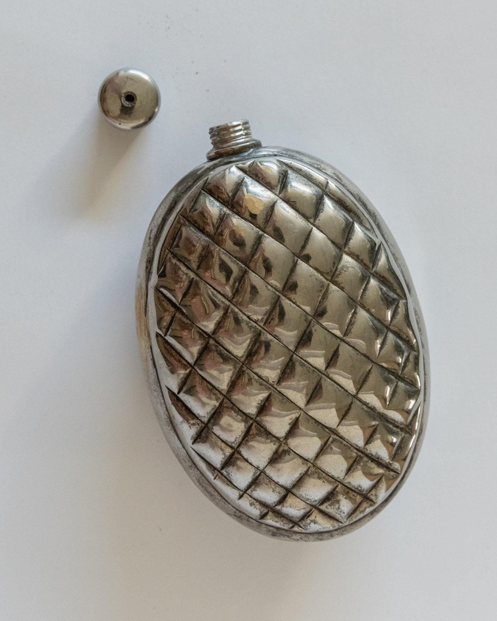 Vintage 1950s Silver Plated Flask, Pinecone Shape Metal Design, Unique Bar Accessory for Men, Retro Style Collectible, Elegant Gift Idea_Bottega Jacobs