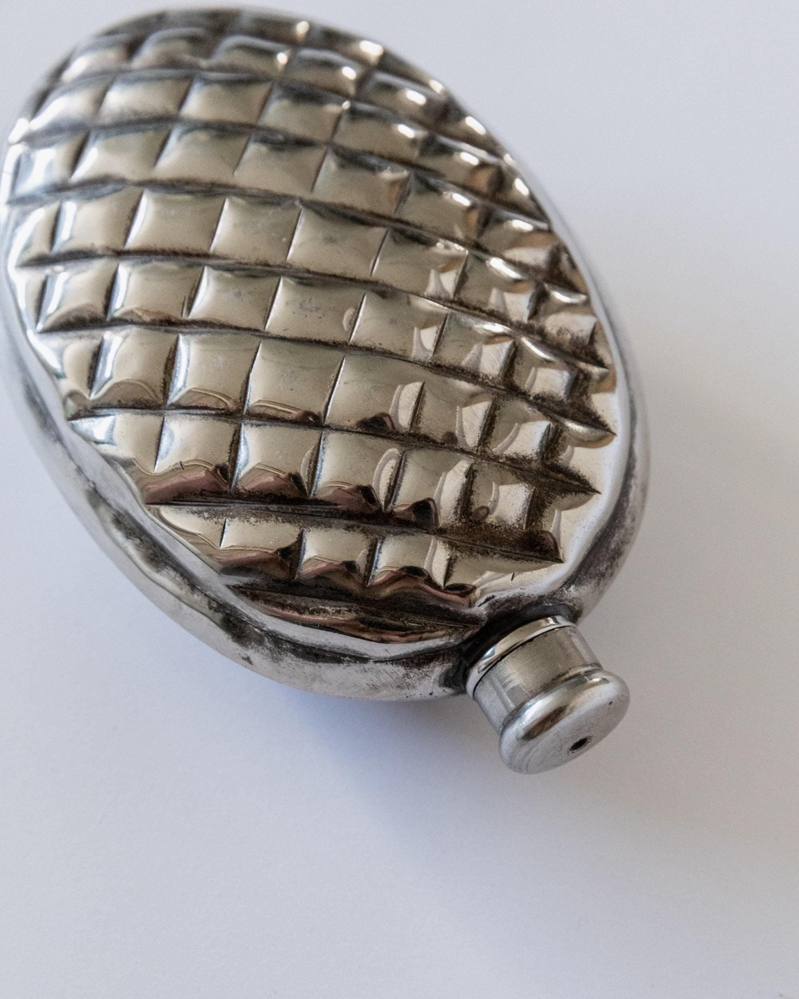 Vintage 1950s Silver Plated Flask, Pinecone Shape Metal Design, Unique Bar Accessory for Men, Retro Style Collectible, Elegant Gift Idea_Bottega Jacobs