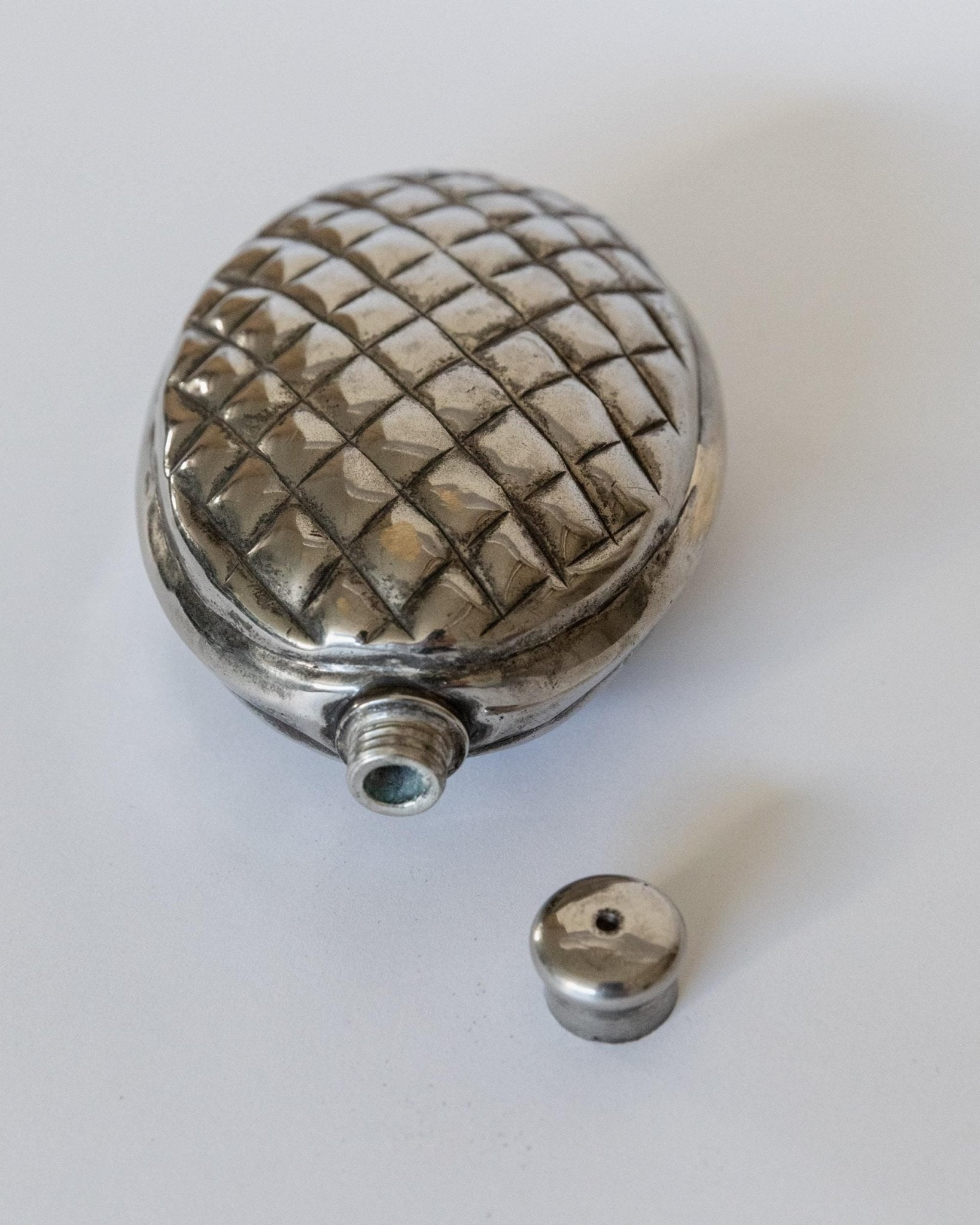 Vintage 1950s Silver Plated Flask, Pinecone Shape Metal Design, Unique Bar Accessory for Men, Retro Style Collectible, Elegant Gift Idea_Bottega Jacobs