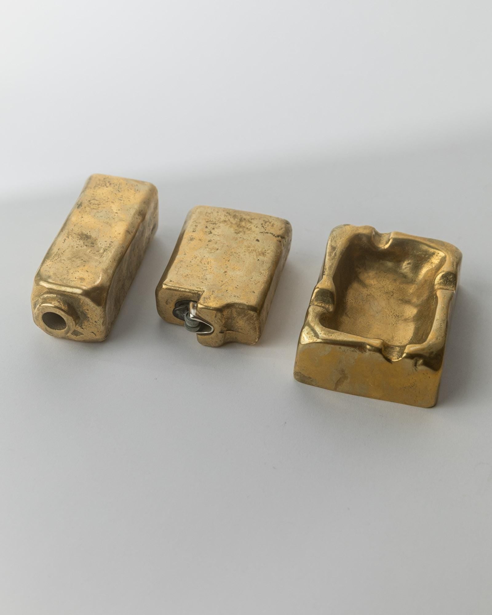 Vintage 1960s Brutalist Bronze Desk Set, Ashtray, Table Lighter and Pen Holder or Vase, Sculptural Forms, Office Decor, Elegant Gift Idea_Bottega Jacobs