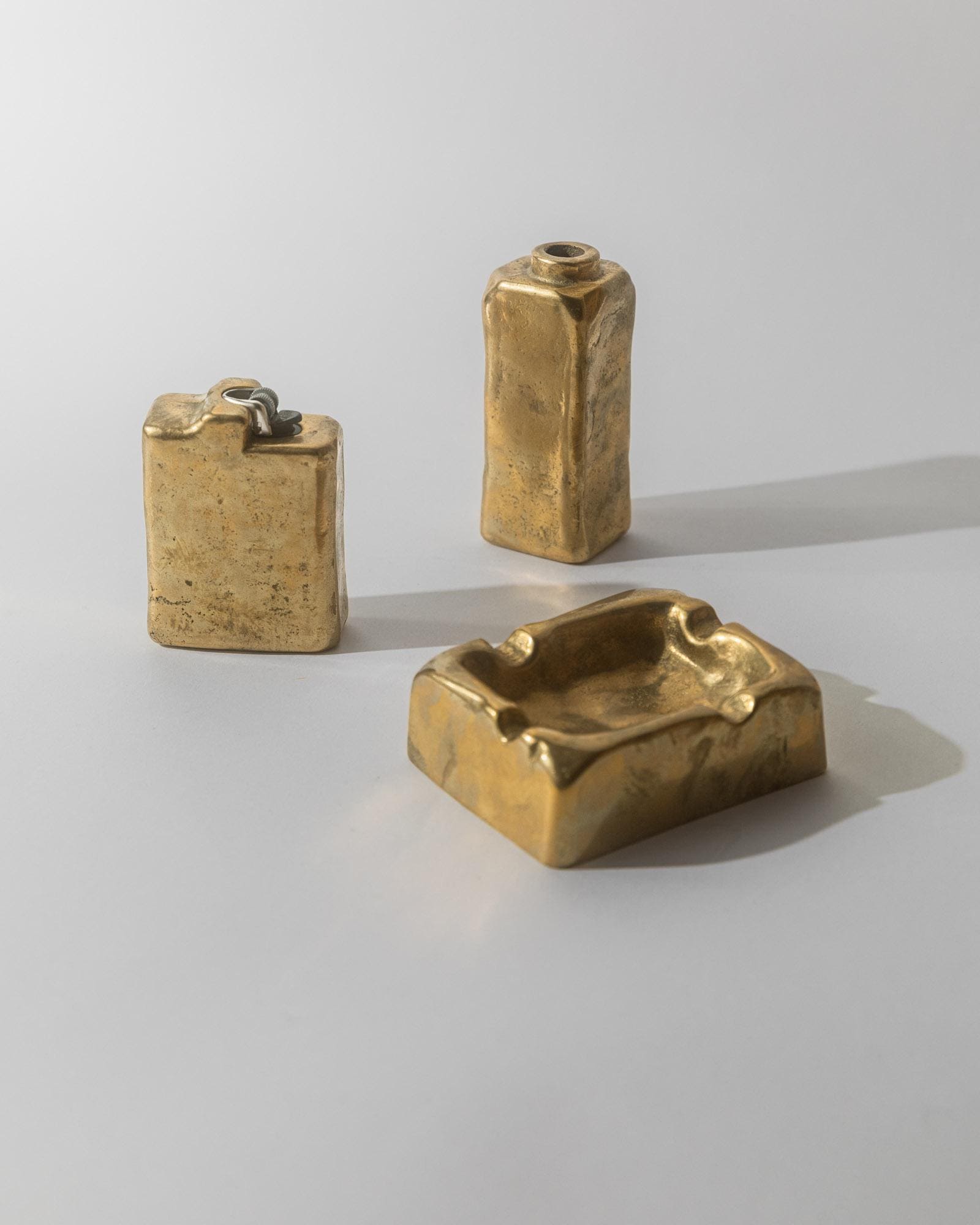 Vintage 1960s Brutalist Bronze Desk Set, Ashtray, Table Lighter and Pen Holder or Vase, Sculptural Forms, Office Decor, Elegant Gift Idea_Bottega Jacobs