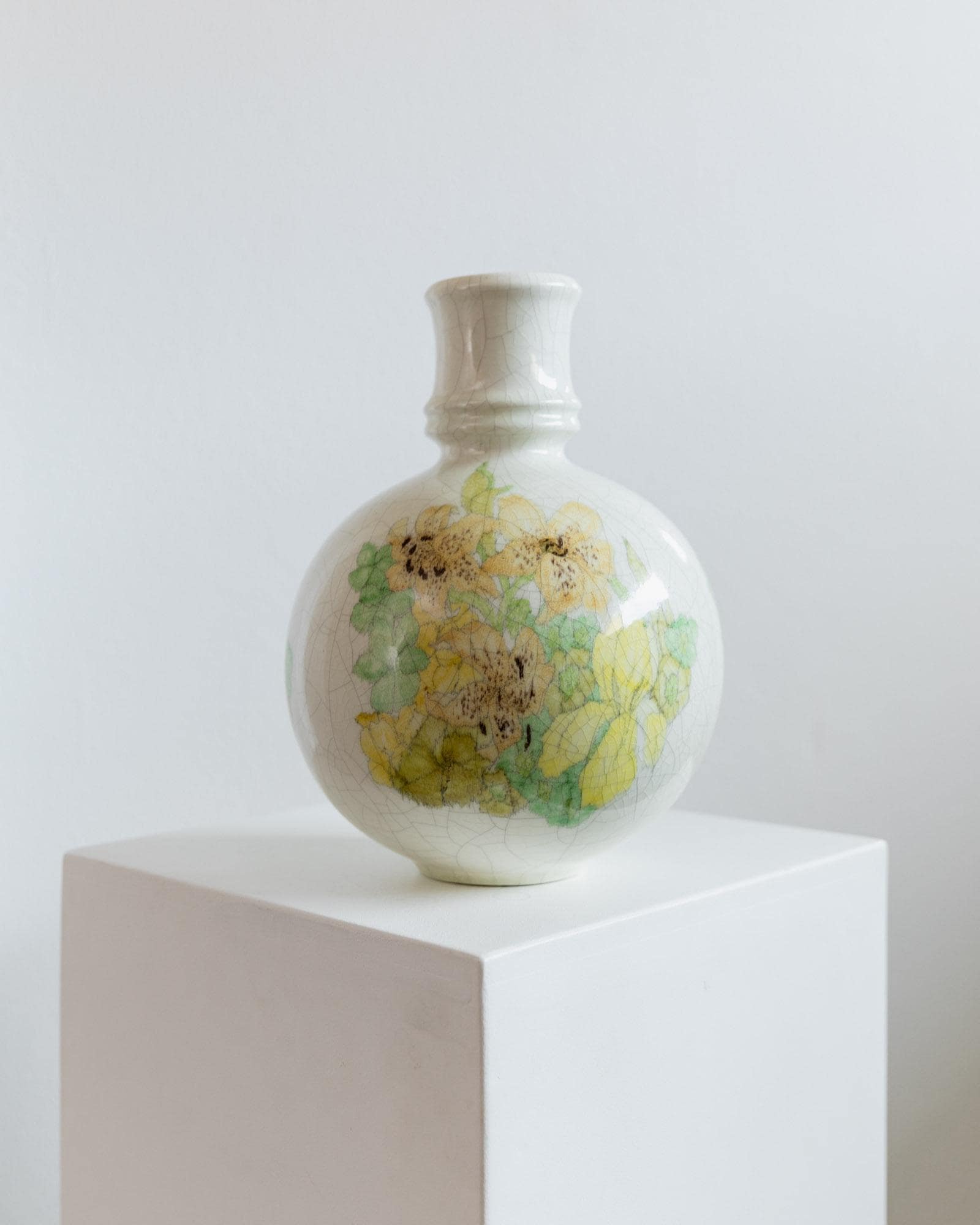 Vintage 1960s Ceramic Vase, by Ernestine Italy, Green and Yellow Floral Design with Crackle Glaze, Rounded Form, Home Decor, Gift Idea_Bottega Jacobs