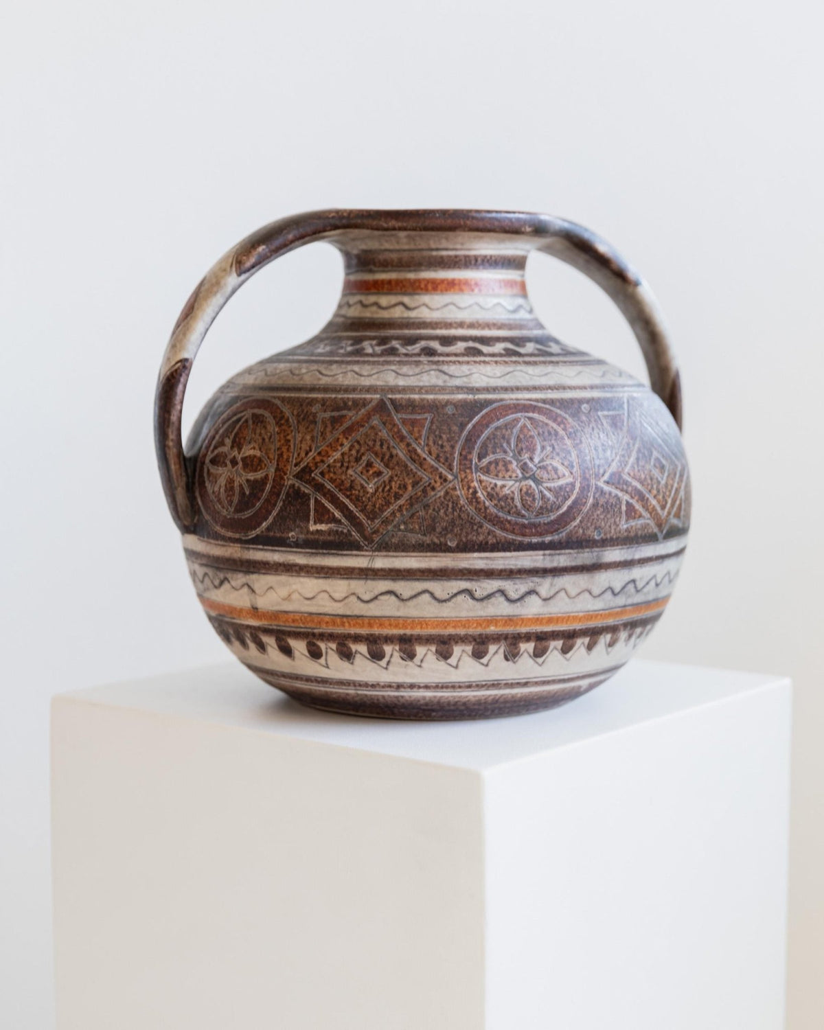 Vintage 1960s Ceramic Vase, Hand Painted Italian Pottery with Two Handles, Brown Tones and Decorative Pattern by Italica Ars, Gift Idea_Bottega Jacobs
