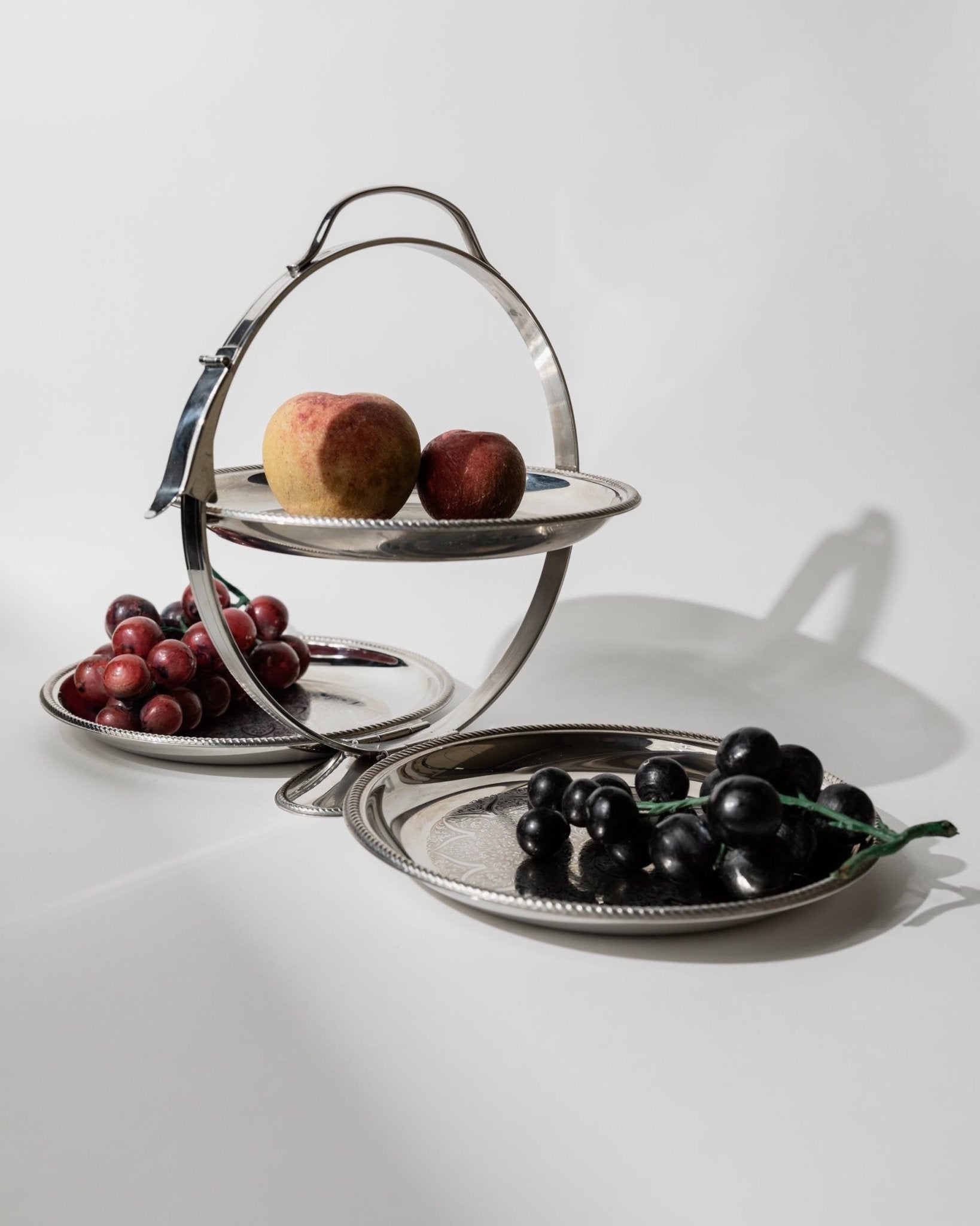Vintage 1960s Folding Serving Tray Etagere, Three Engraved Stainless Steel Plates, Design by Carlo Alessi Mercury Series 898, Gift Idea_Bottega Jacobs
