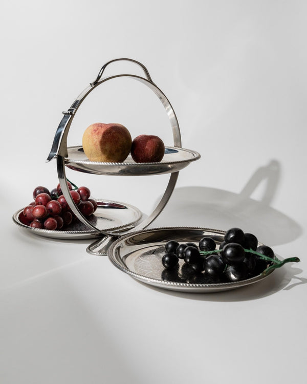 Vintage 1960s Folding Serving Tray Etagere, Three Engraved Stainless Steel Plates, Design by Carlo Alessi Mercury Series 898, Gift Idea_Bottega Jacobs