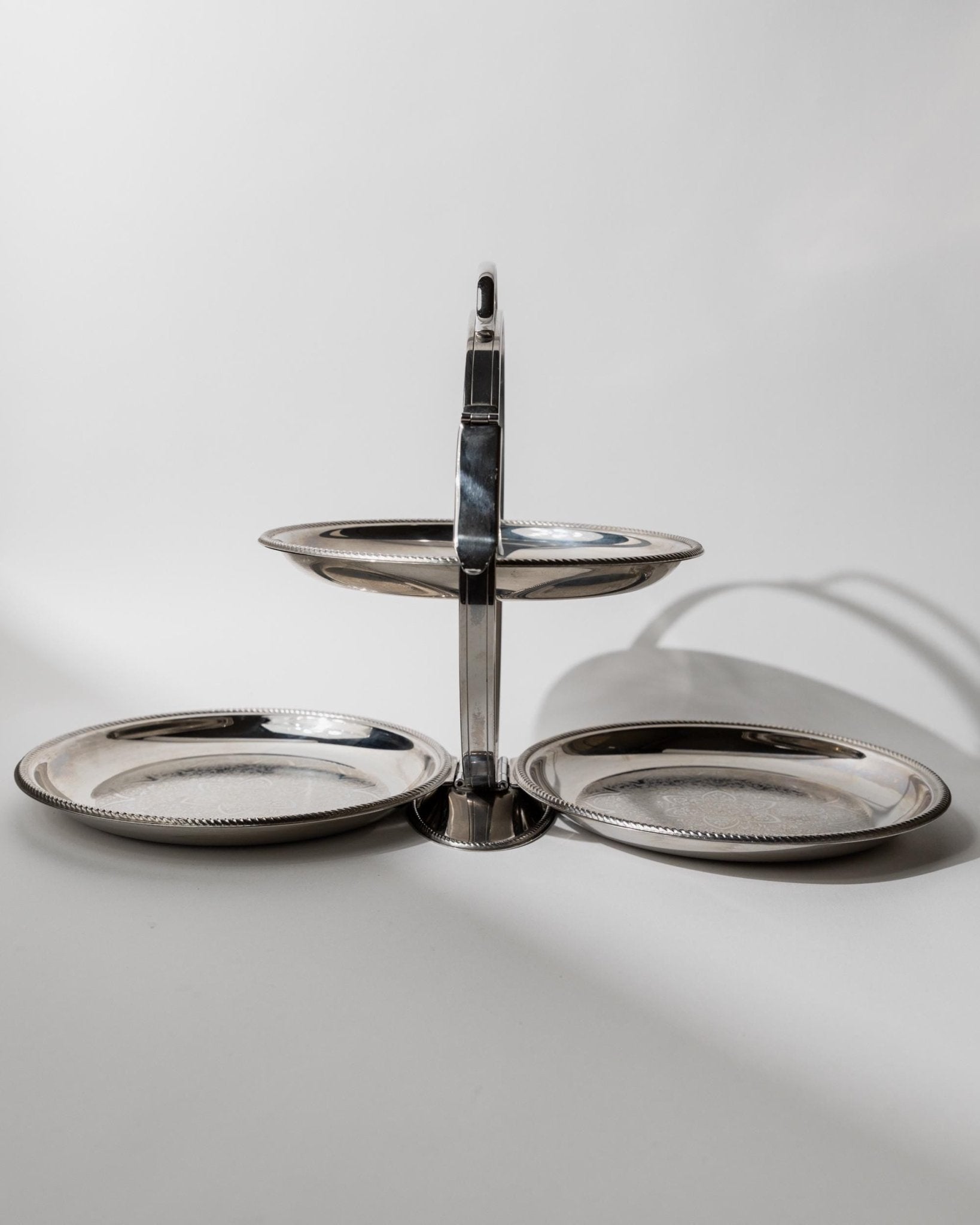 Vintage 1960s Folding Serving Tray Etagere, Three Engraved Stainless Steel Plates, Design by Carlo Alessi Mercury Series 898, Gift Idea_Bottega Jacobs